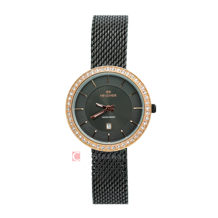 Jam Tangan Hegner L1647-1RGBA Women Black Dial Black Stainless Steel Strap