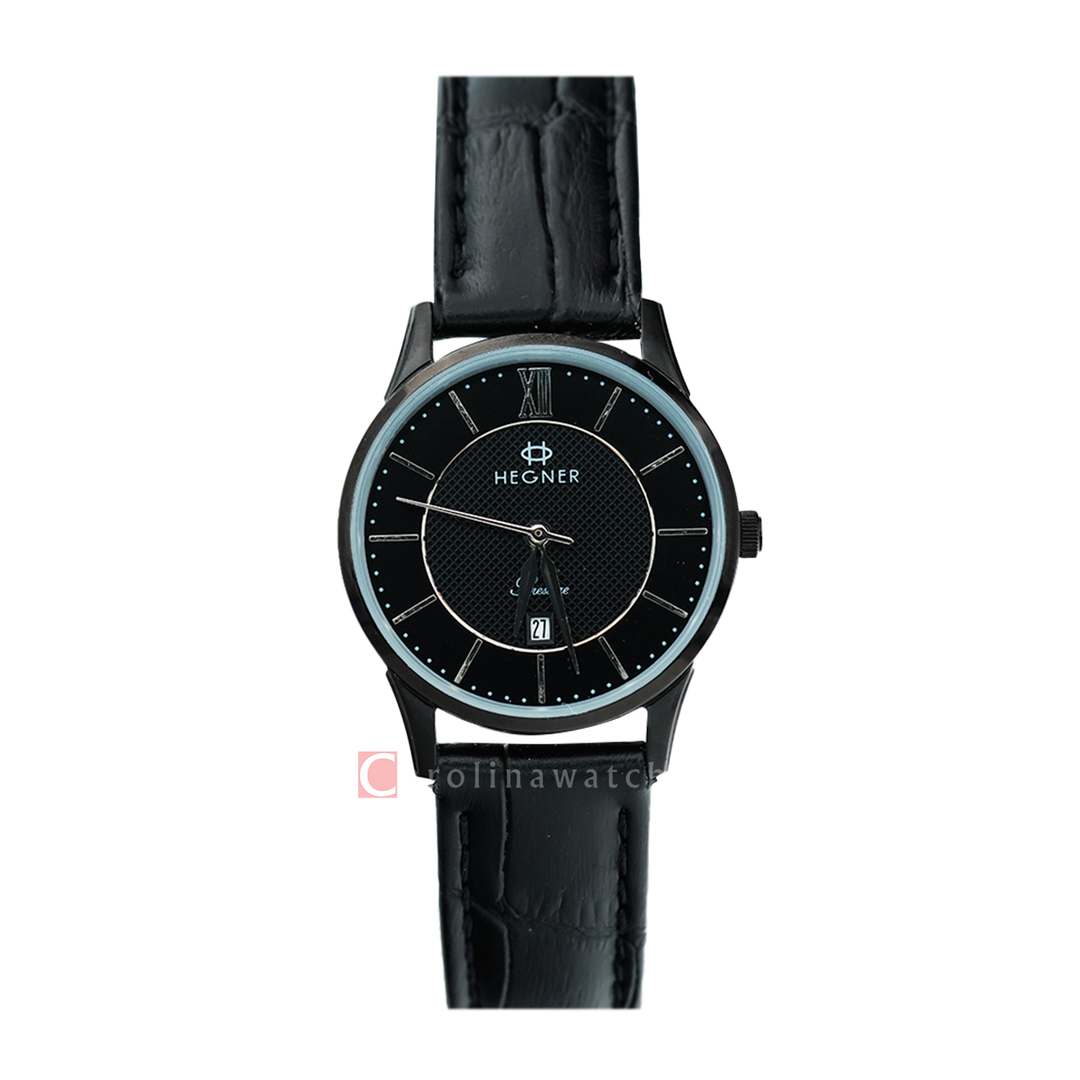 Jam Tangan Hegner L5007IPBA Women Black Dial Black Leather Strap