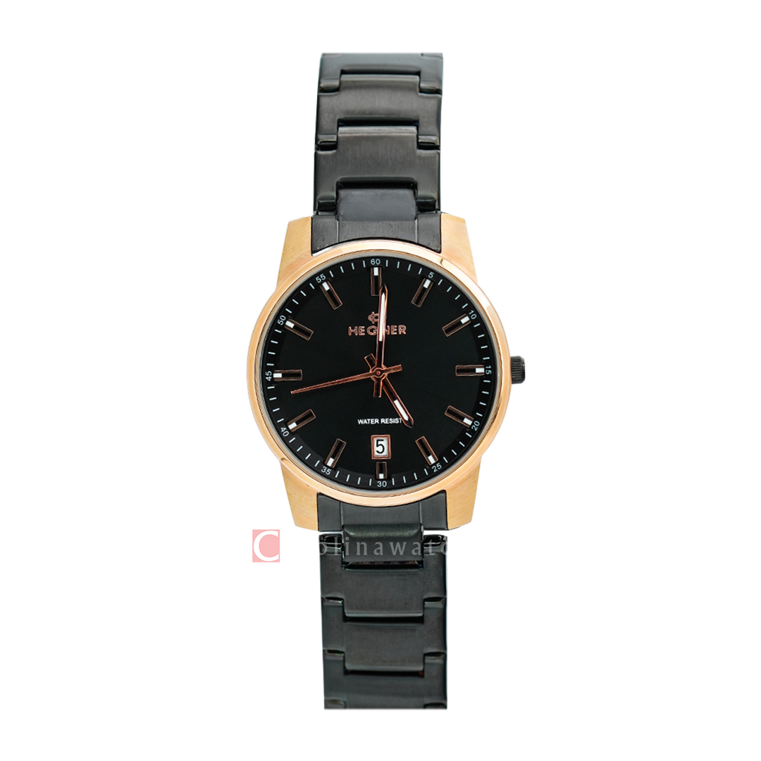 Jam Tangan Hegner L6601-1RGBA Women Black Dial Black Stainless Steel Strap