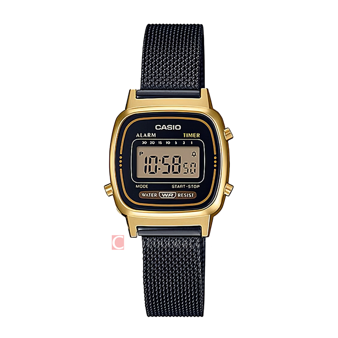 Jam Tangan Casio General LA670WEMB-1D Women Digital Dial Black Stainless Steel Band