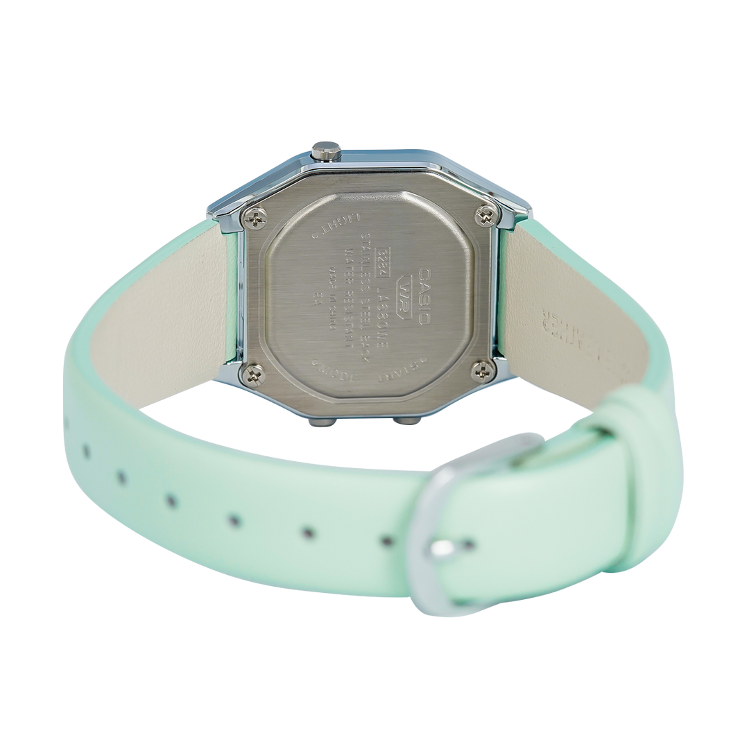 Jam Tangan Casio General LA680WEL-3D Women Digital Dial Light Green Leather Strap