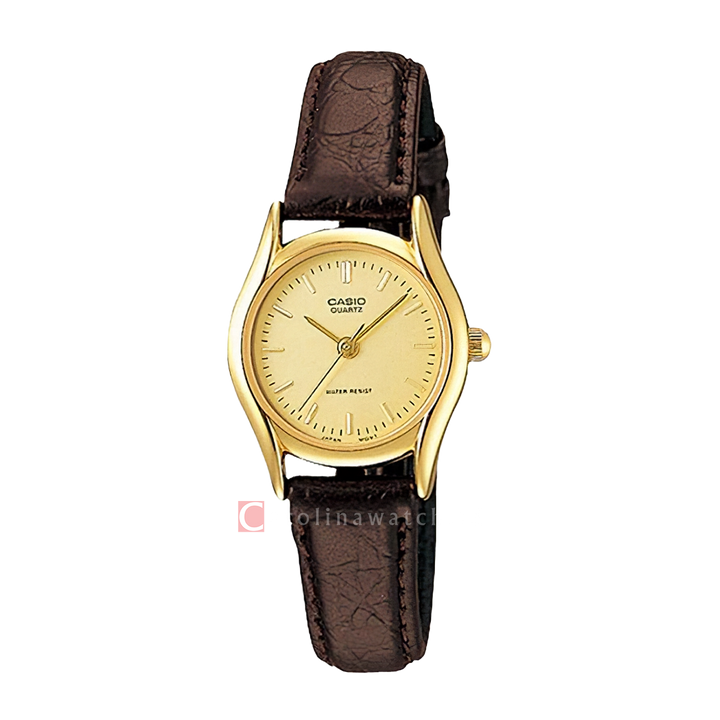 Jam Tangan Casio General LTP-1094Q-9A Women Gold Dial Brown Leather Band