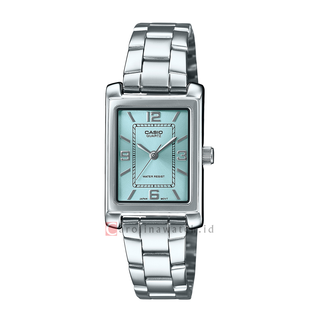 Jam Tangan Casio General LTP-1234DD-2A Tank Women Turquoise Dial Stainless Steel Band
