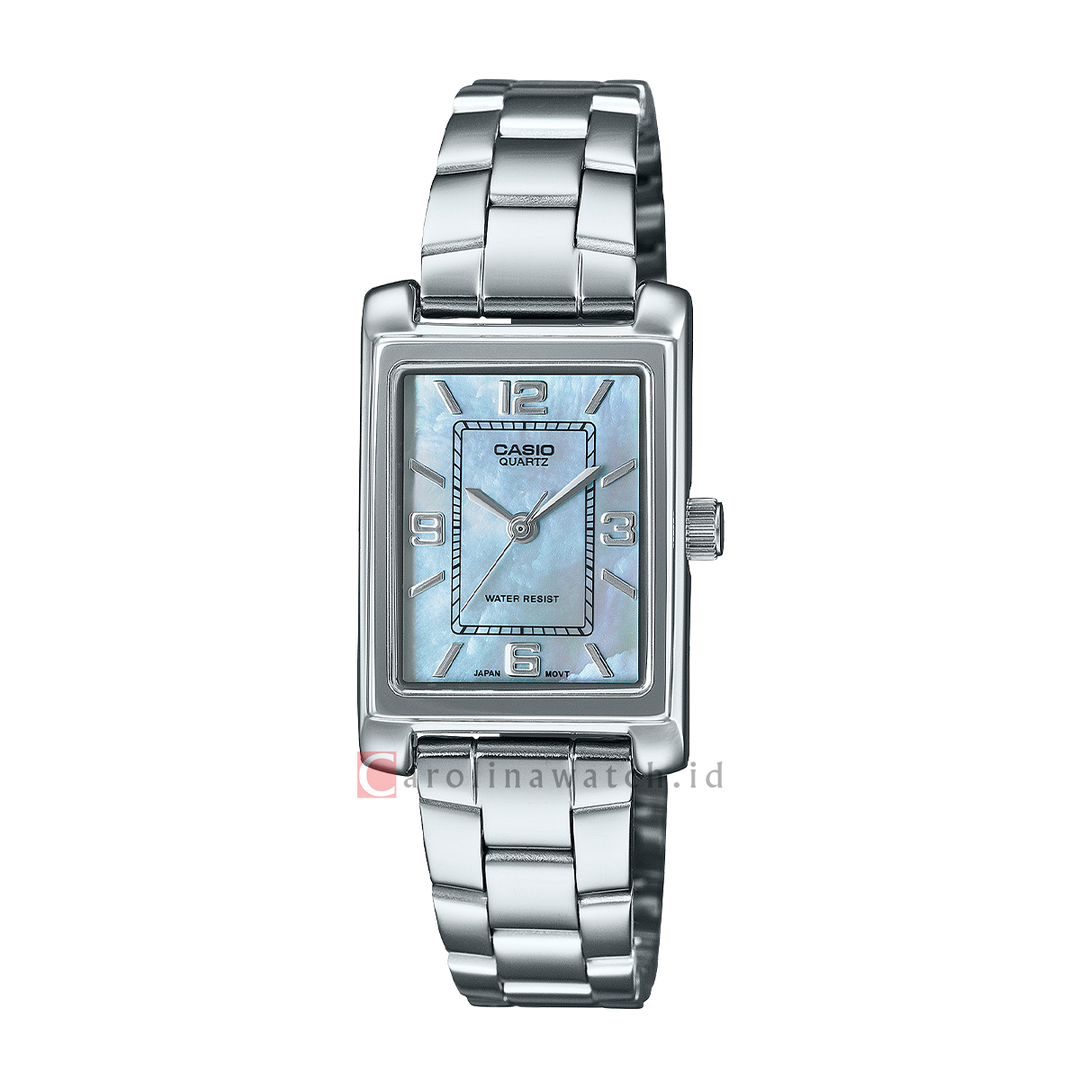 Jam Tangan Casio General LTP-1234DS-2A Tank Women Turquoise MOP Dial Stainless Steel Band