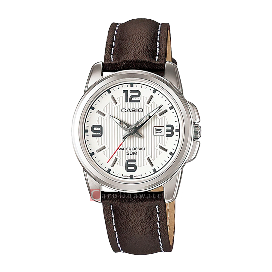 Jam Tangan Casio General LTP-1314L-7A Women White Dial Ion Plated Brown Leather Strap