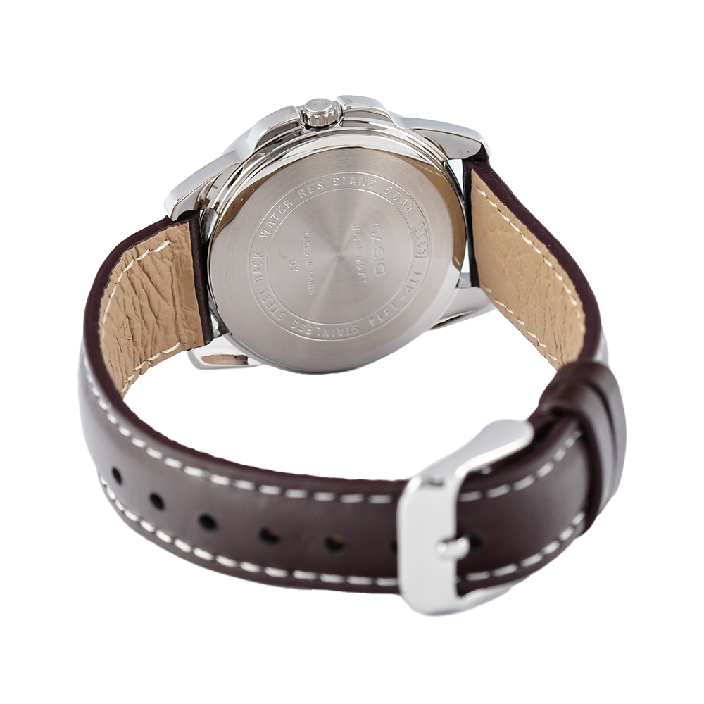 Jam Tangan Casio General LTP-1314L-7A Women White Dial Ion Plated Brown Leather Strap