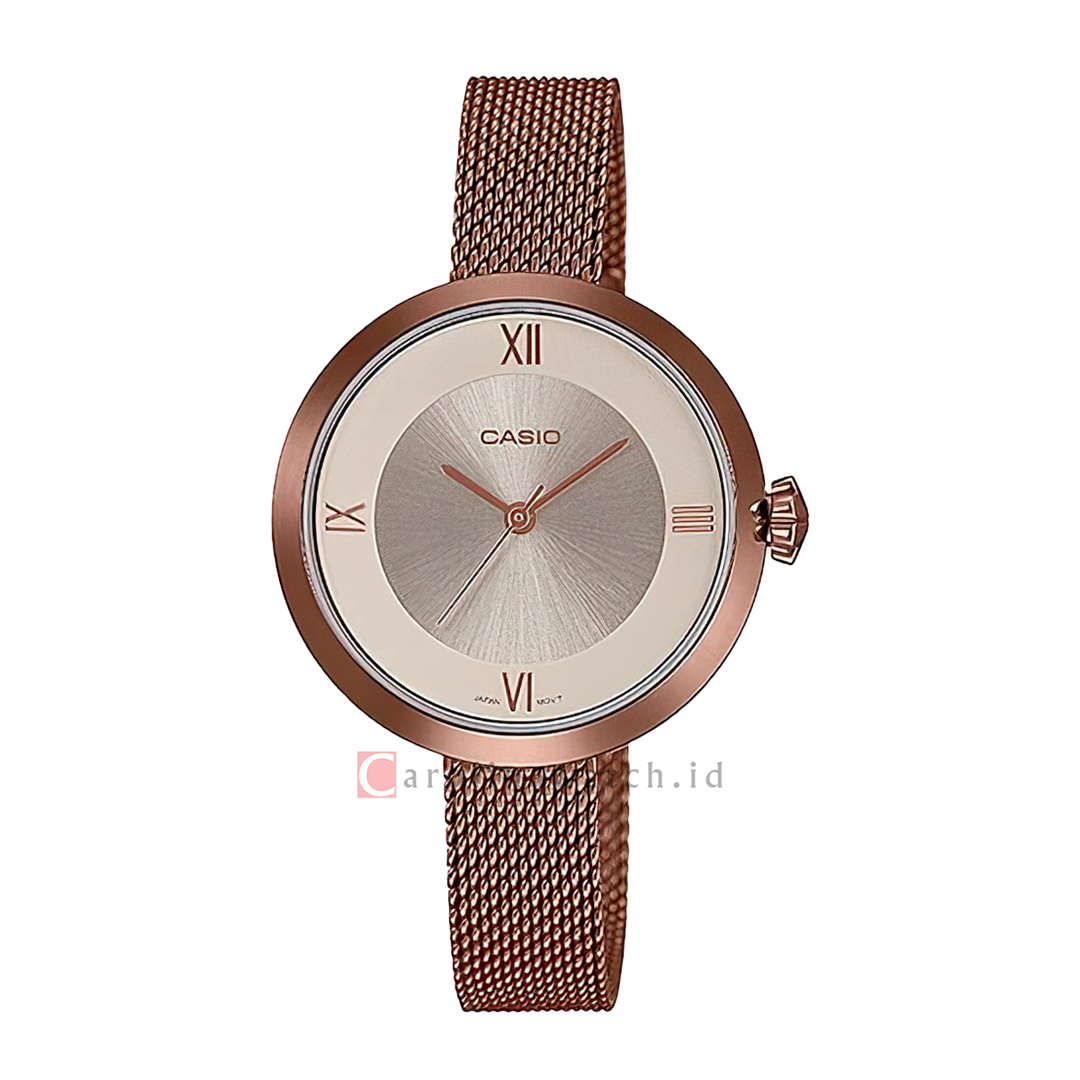 Jam Tangan Casio LTP-E154MR-9A Women Analog Dial Gold Mesh Stainless Steel Band