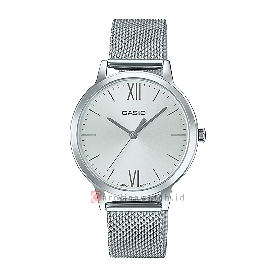 Jam Tangan Casio LTP-E157M-7A Women Silver Dial Mesh Stainless Steel Band
