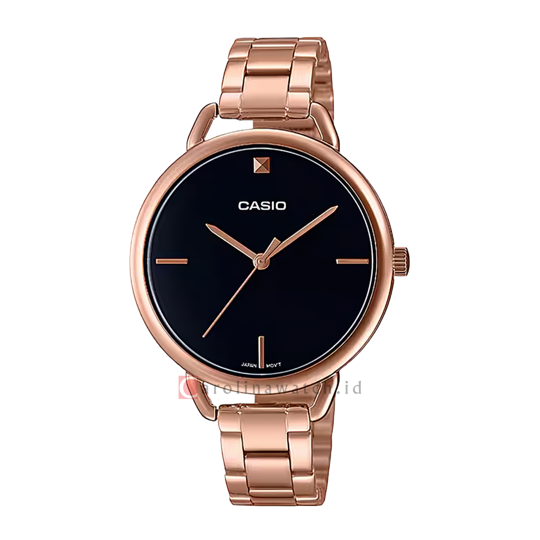 Jam Tangan Casio General LTP-E415PG-1C Women Black Dial Pink Gold Stainless Steel Band