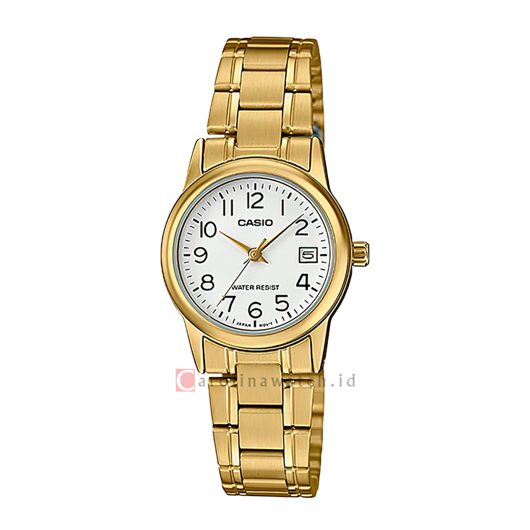 Jam Tangan Casio General LTP-V002G-7B2 Women White Dial Gold Stainless Steel Band