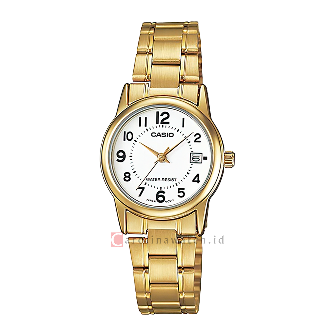 Jam Tangan Casio General LTP-V002G-7B Women White Dial Gold Stainless Steel Band