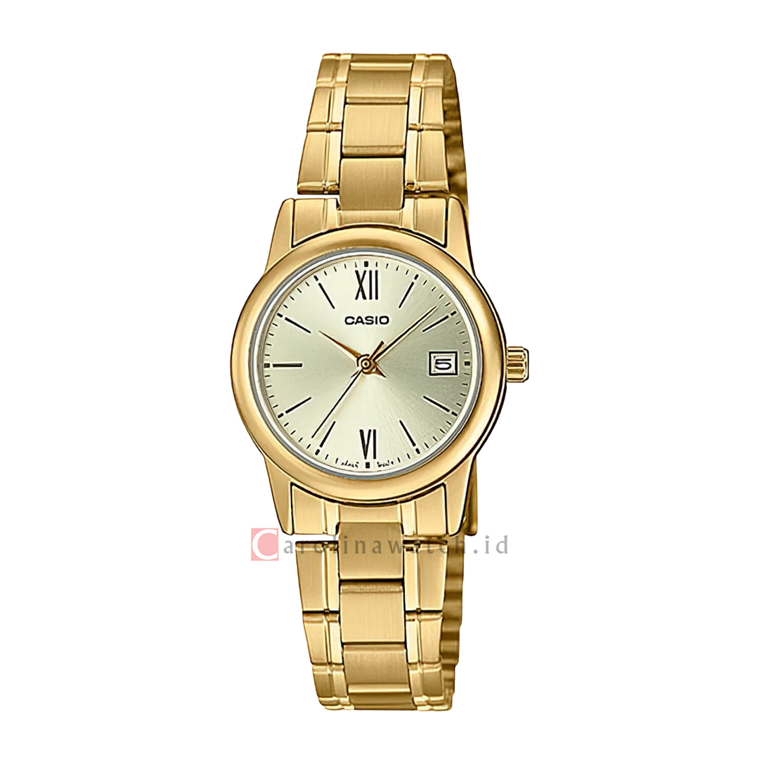 Jam Tangan Casio General LTP-V002G-9B3 Women Gold Dial Gold Stainless Steel Band