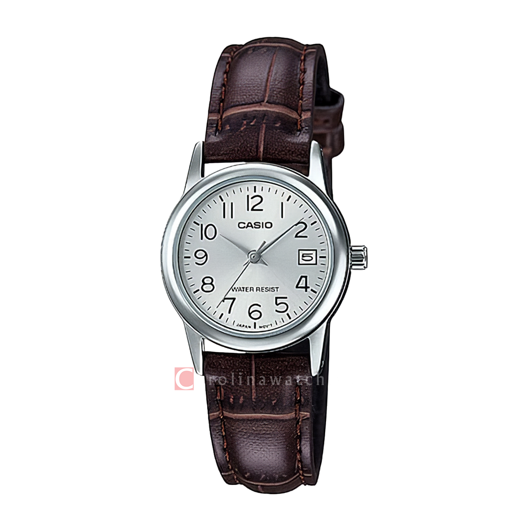 Jam Tangan Casio General LTP-V002L-7B2 Women Silver Dial Dark Brown Leather Band