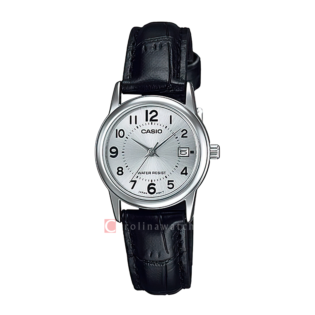 Jam Tangan Casio General LTP-V002L-7B Women Silver Dial Black Leather Band