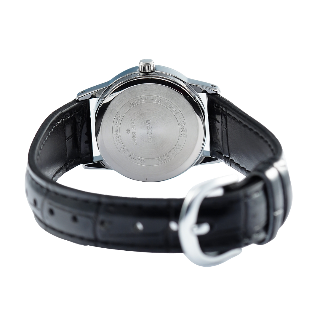 Jam Tangan Casio General LTP-V002L-7B Women Silver Dial Black Leather Band