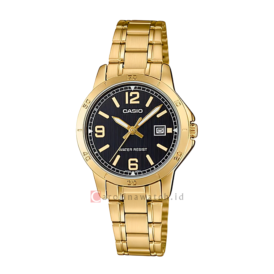 Jam Tangan Casio General LTP-V004G-1B Women Black Dial Gold Stainless Steel Band