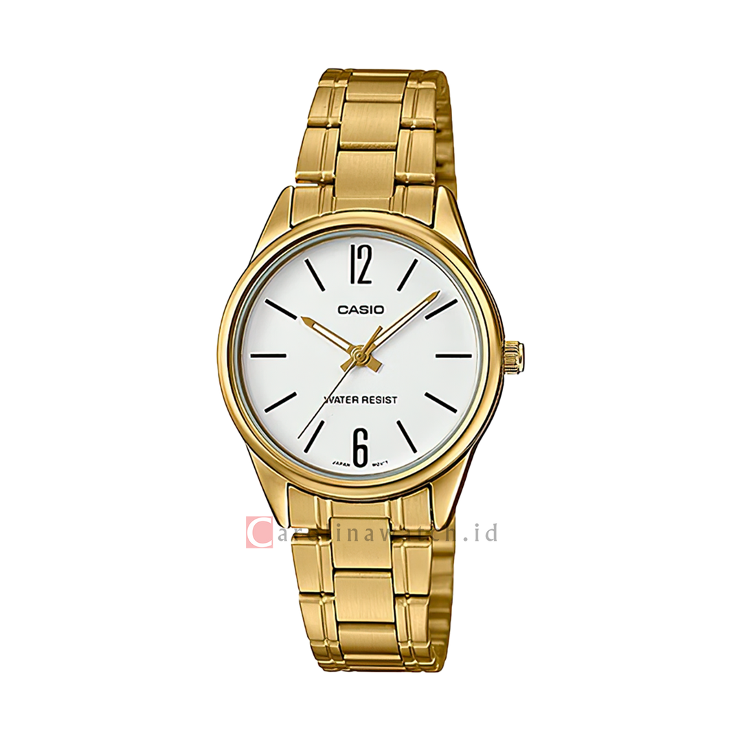 Jam Tangan Casio General LTP-V005G-7B Women White Dial Gold Stainless Steel Band