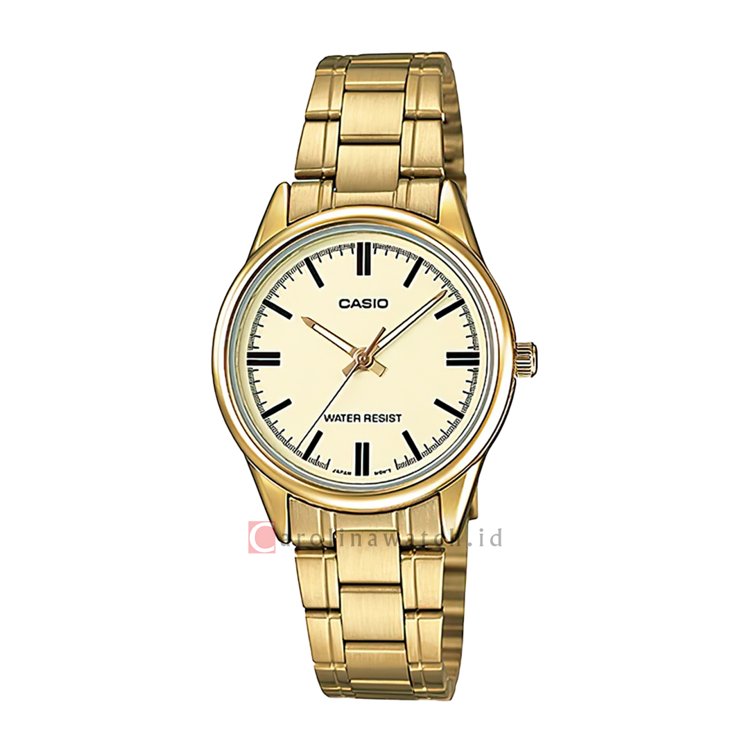 Jam Tangan Casio General LTP-V005G-9A Women Light Gold Dial Gold Stainless Steel Band