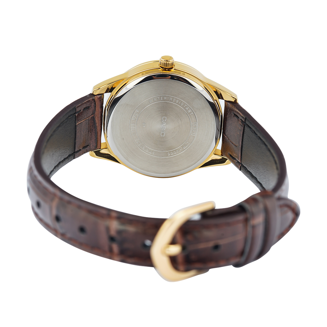 Jam Tangan Casio Standard LTP-V005GL-9B Women Gold Dial Brown Leather Band