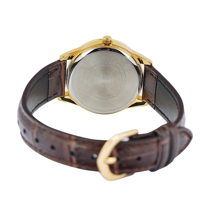 Jam Tangan Casio Standard LTP-V005GL-9B Women Gold Dial Brown Leather Band