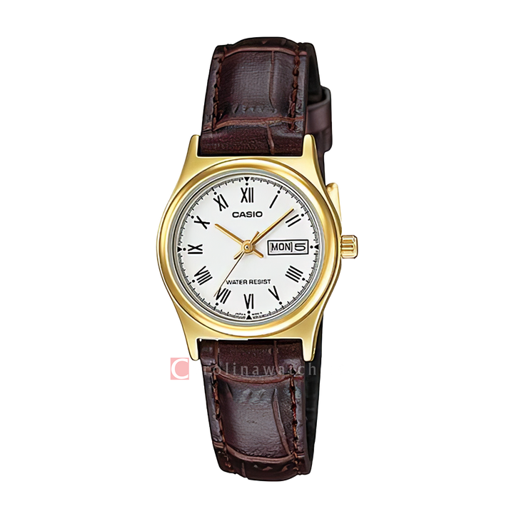 Jam Tangan Casio Standard LTP-V006GL-7B Women White Dial Ion Plated Brown Leather Band