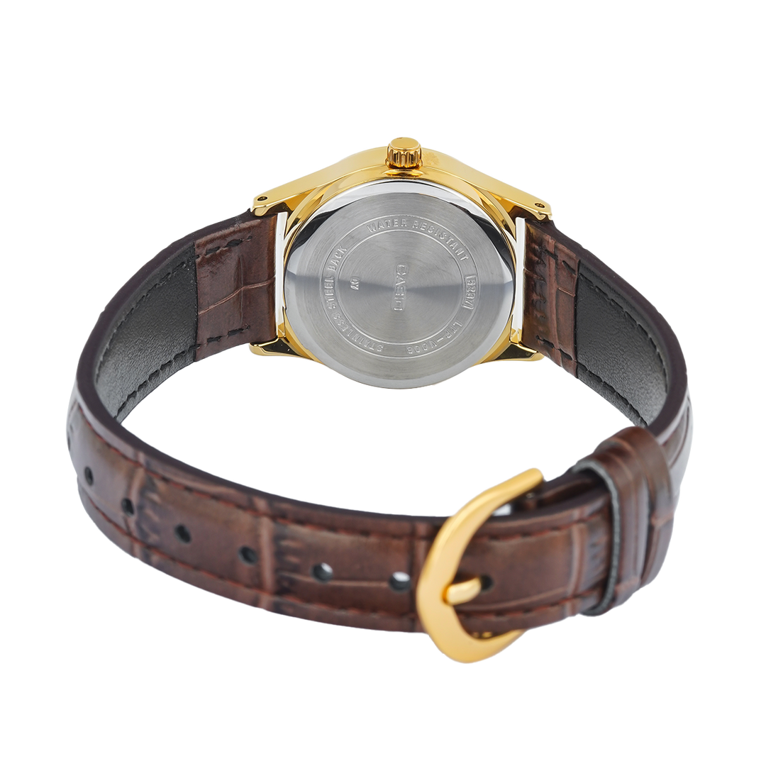 Jam Tangan Casio General LTP-V006GL-9B Women Gold Dial Brown Leather Band