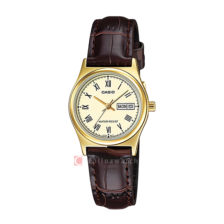 Jam Tangan Casio General LTP-V006GL-9B Women Gold Dial Brown Leather Band