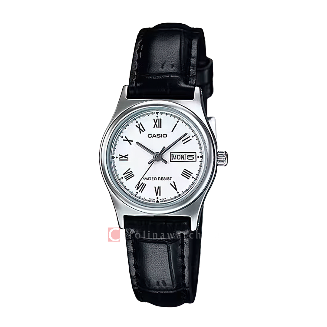 Jam Tangan Casio LTP-V006L-7B Women White Dial Black Leather Band