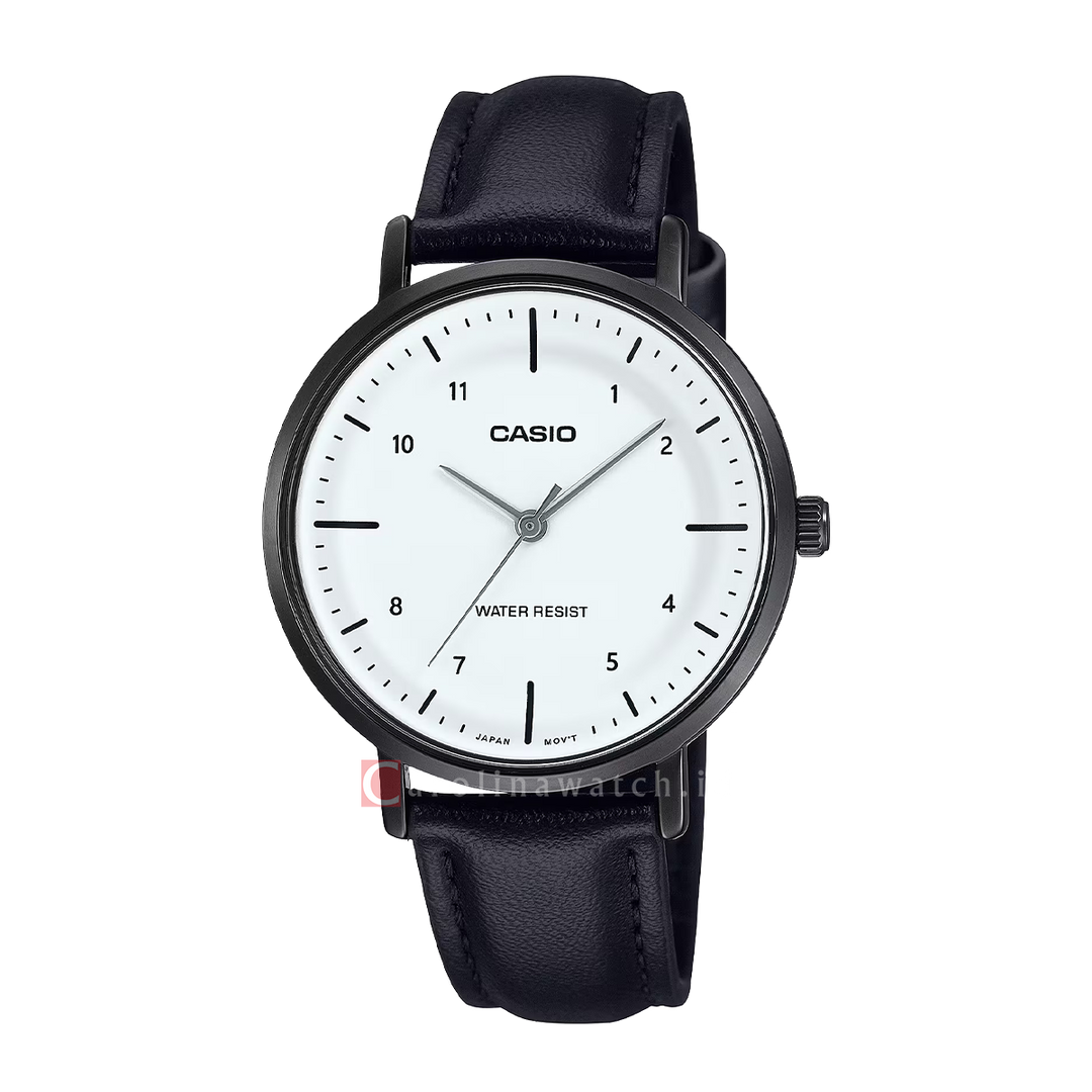 Jam Tangan Casio Standard LTP-VT03BL-7B Women White Dial Black Leather Band