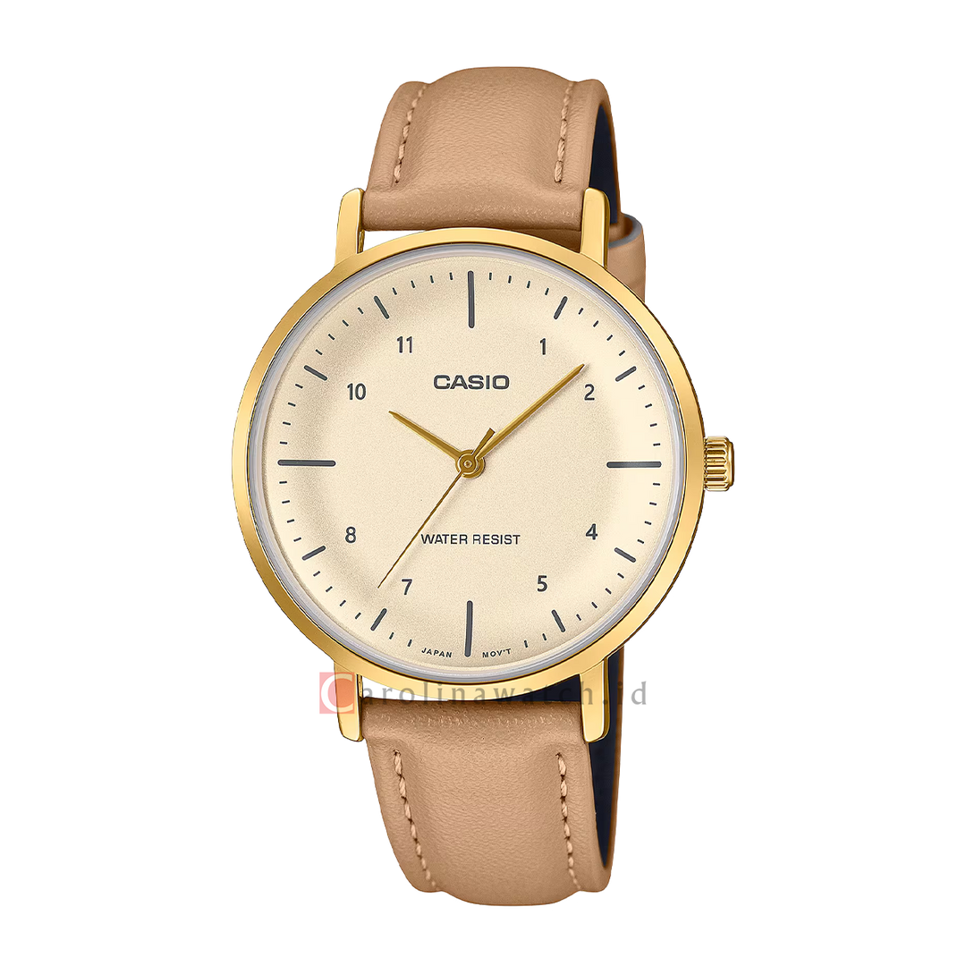 Jam Tangan Casio Standard LTP-VT03GL-4B Women Beige Dial Brown Leather Band