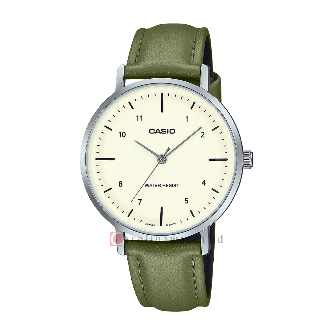 Jam Tangan Casio Standard LTP-VT03L-3B Women Beige Dial Green Leather Band