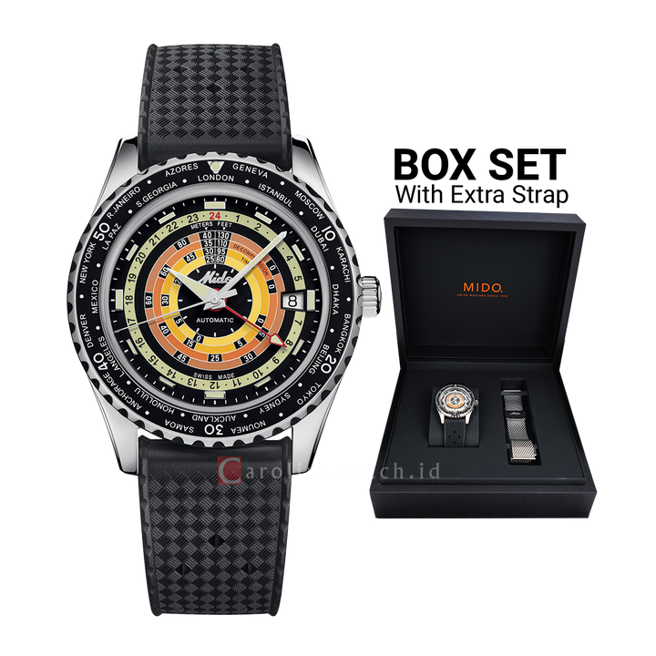 Jam Tangan MIDO Ocean Star M0268291705100 Men Decompression Worldtimer Black Dial Black Rubber Strap + Extra Strap Special Edition