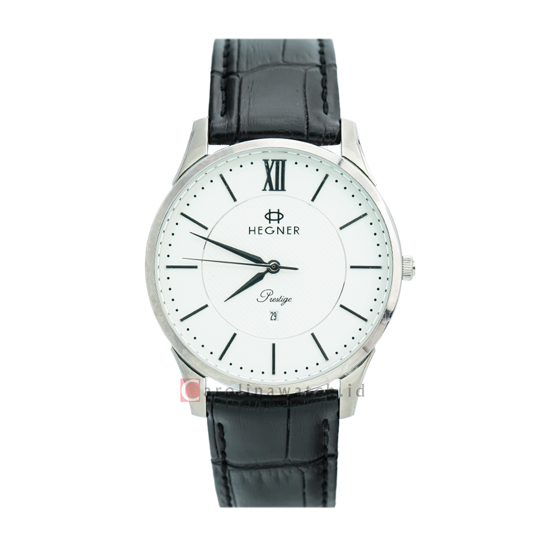 Jam Tangan Hegner M5007SSSL Men Silver White Dial Black Leather Strap