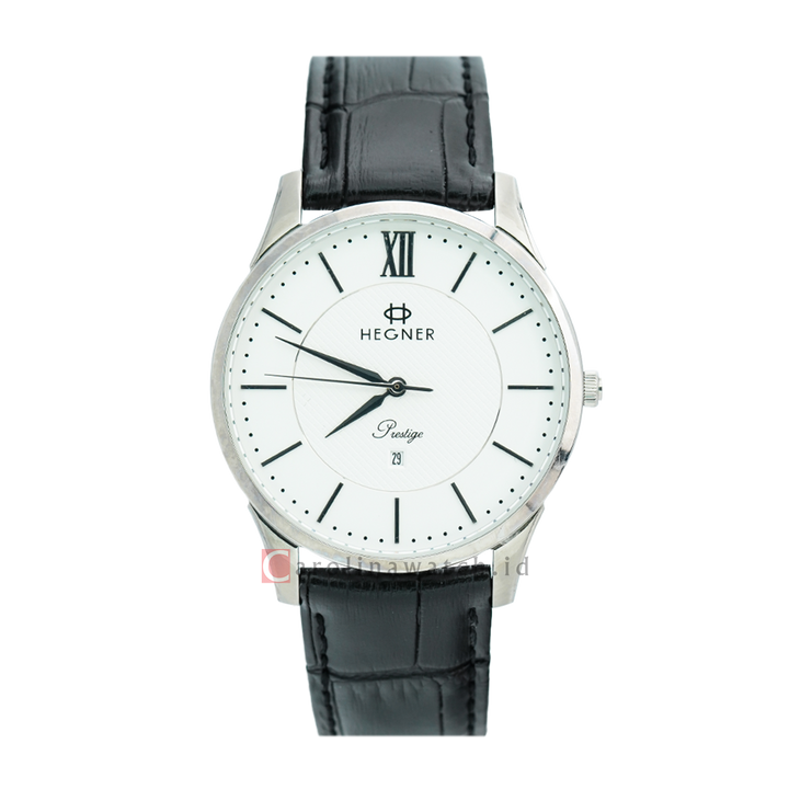 Jam Tangan Hegner M5007SSSL Men Silver White Dial Black Leather Strap