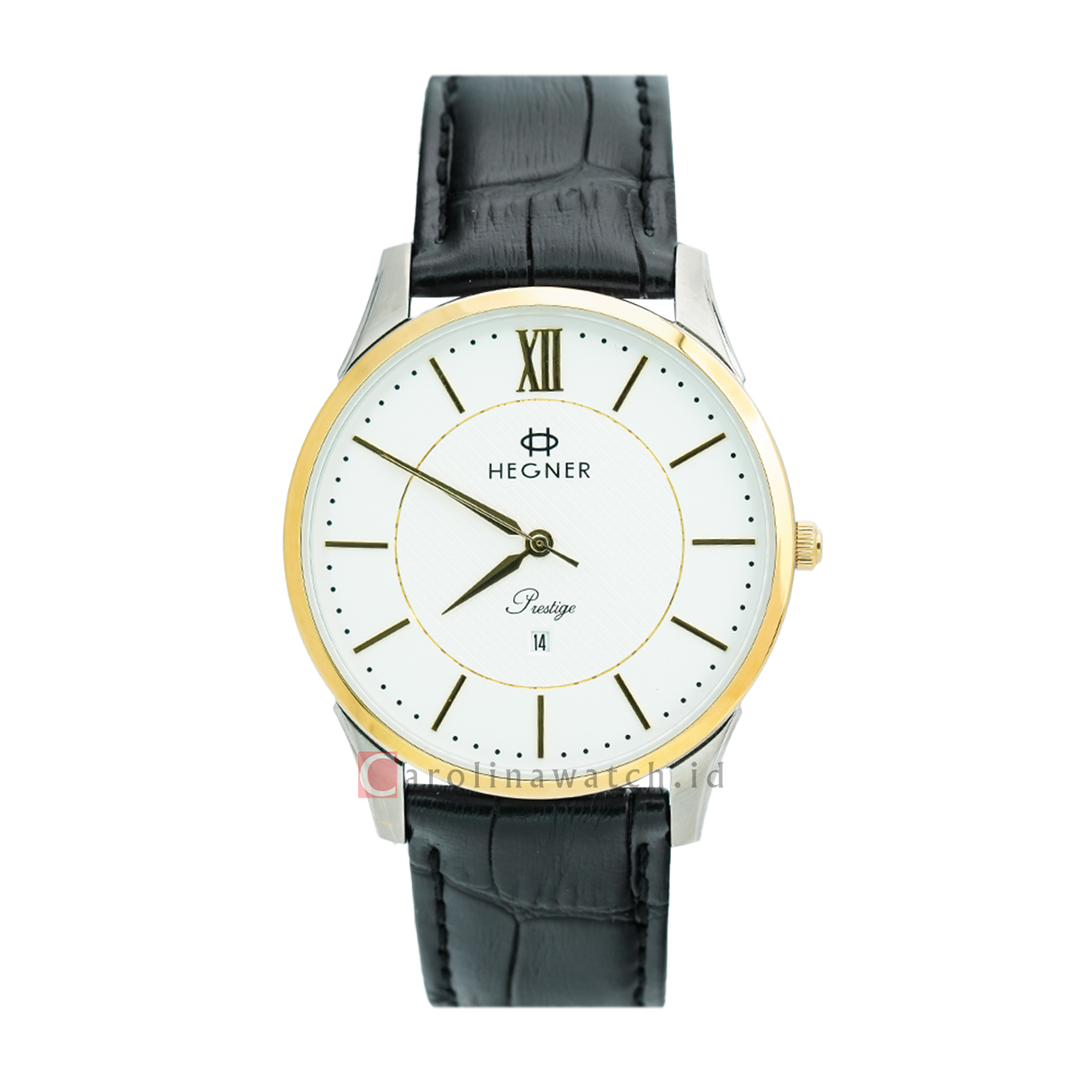 Jam Tangan Hegner M5007TGSL Men Silver White Dial Black Leather Strap
