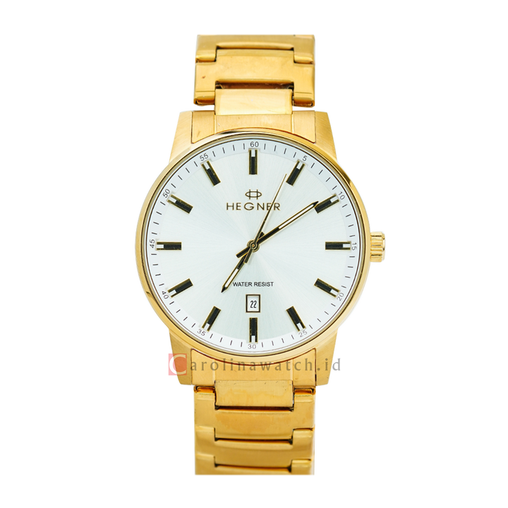 Jam Tangan Hegner M6601-1GPSL Men White Dial Gold Stainless Steel Strap