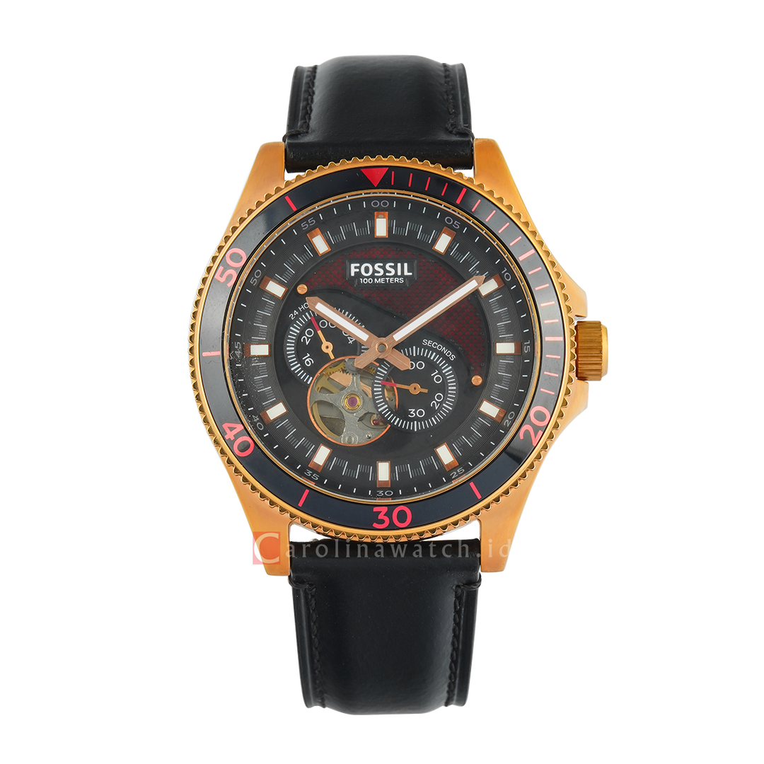 Jam Tangan Fossil Wakefield ME3091 Men Black Open Heart Dial Black Leather Strap