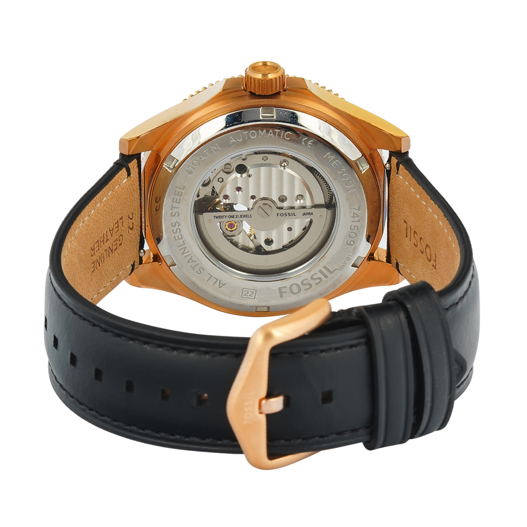 Jam Tangan Fossil Wakefield ME3091 Men Black Open Heart Dial Black Leather Strap