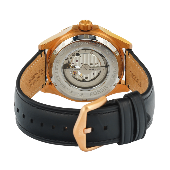 Jam Tangan Fossil Wakefield ME3091 Men Black Open Heart Dial Black Leather Strap