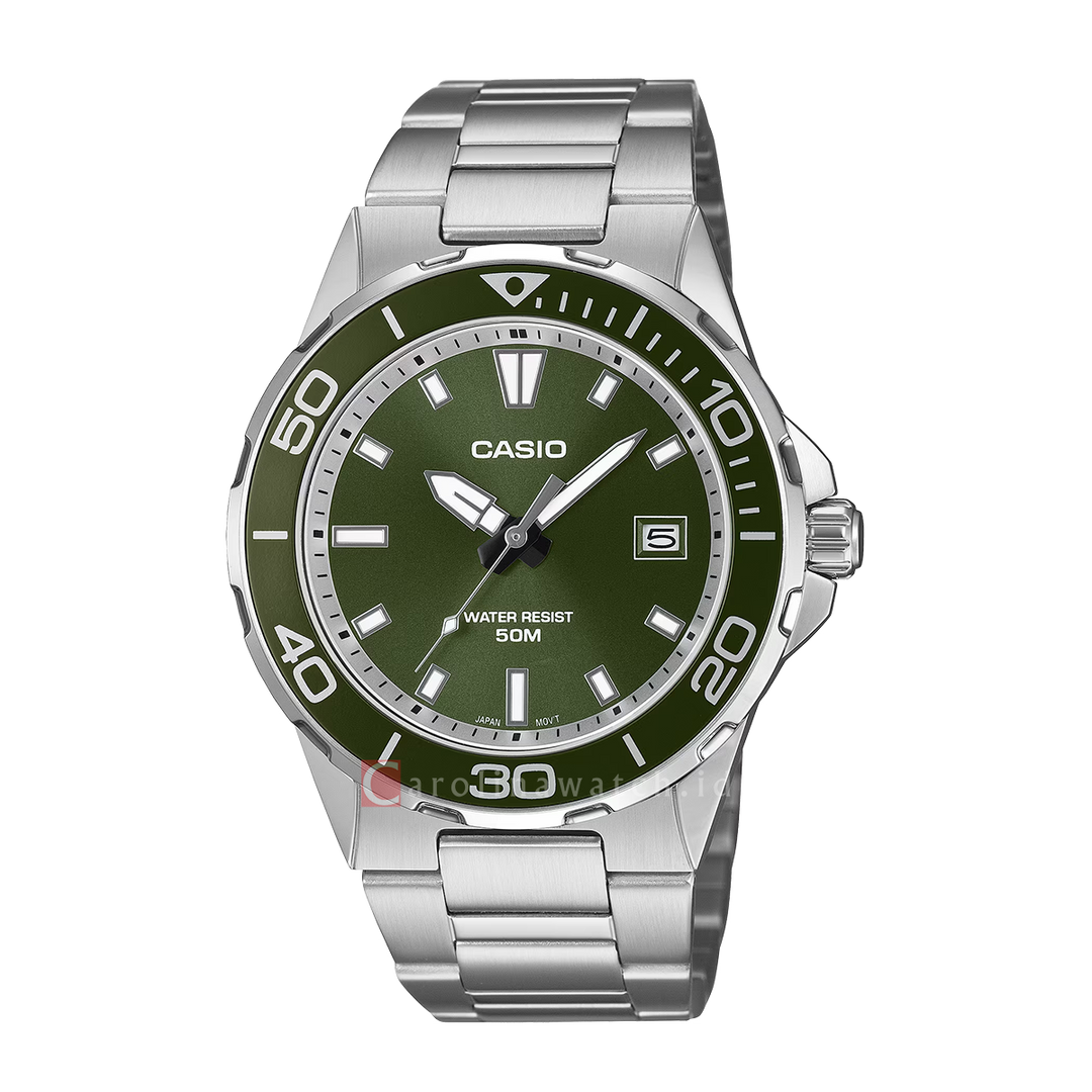 Jam Tangan Casio Standard MTD-145D-3A Men Green Dial Stainless Steel Band