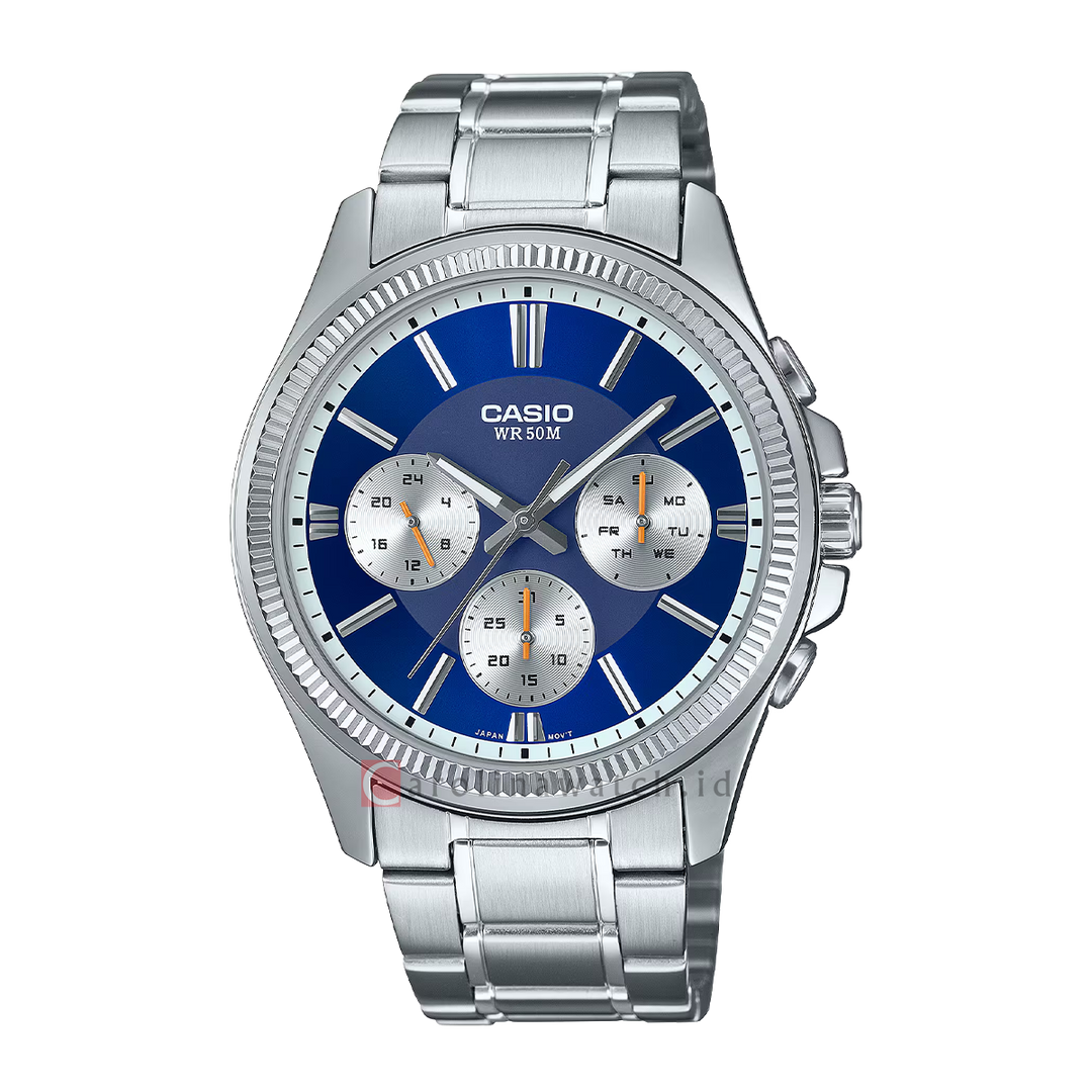 Jam Tangan Casio Chronograph MTP-1375D-2A1 Men Blue Dial Stainless Steel Band