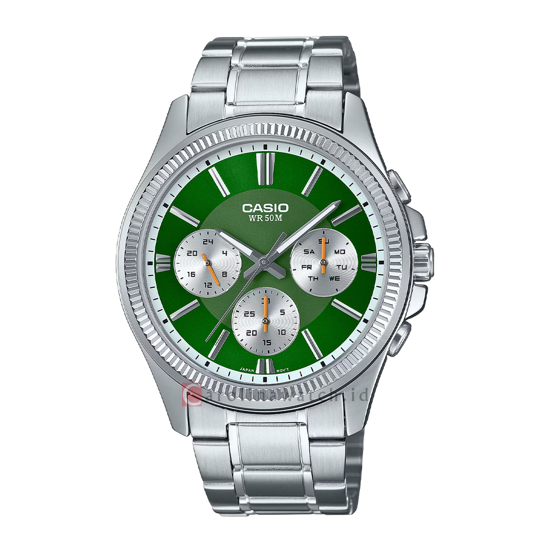 Jam Tangan Casio Chronograph MTP-1375D-3A Men Green Dial Stainless Steel Band