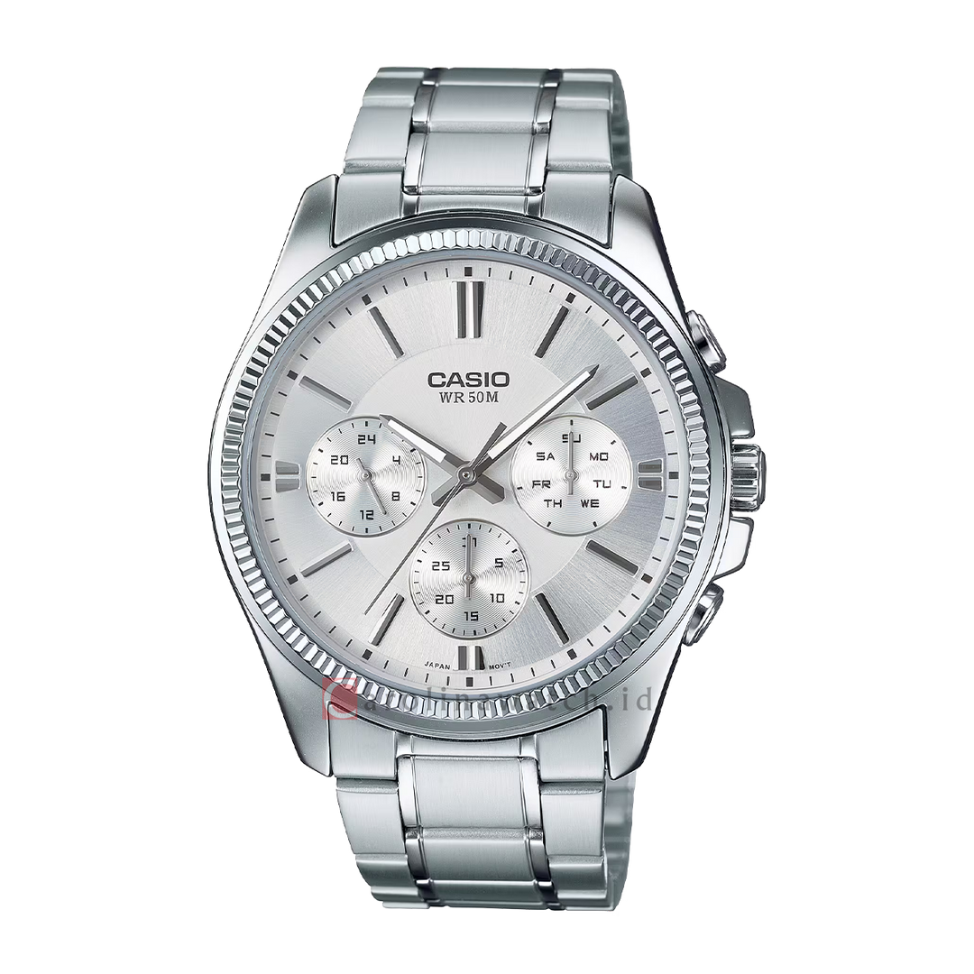 Jam Tangan Casio Chronograph MTP-1375D-7A Men Silver Dial Stainless Steel Band