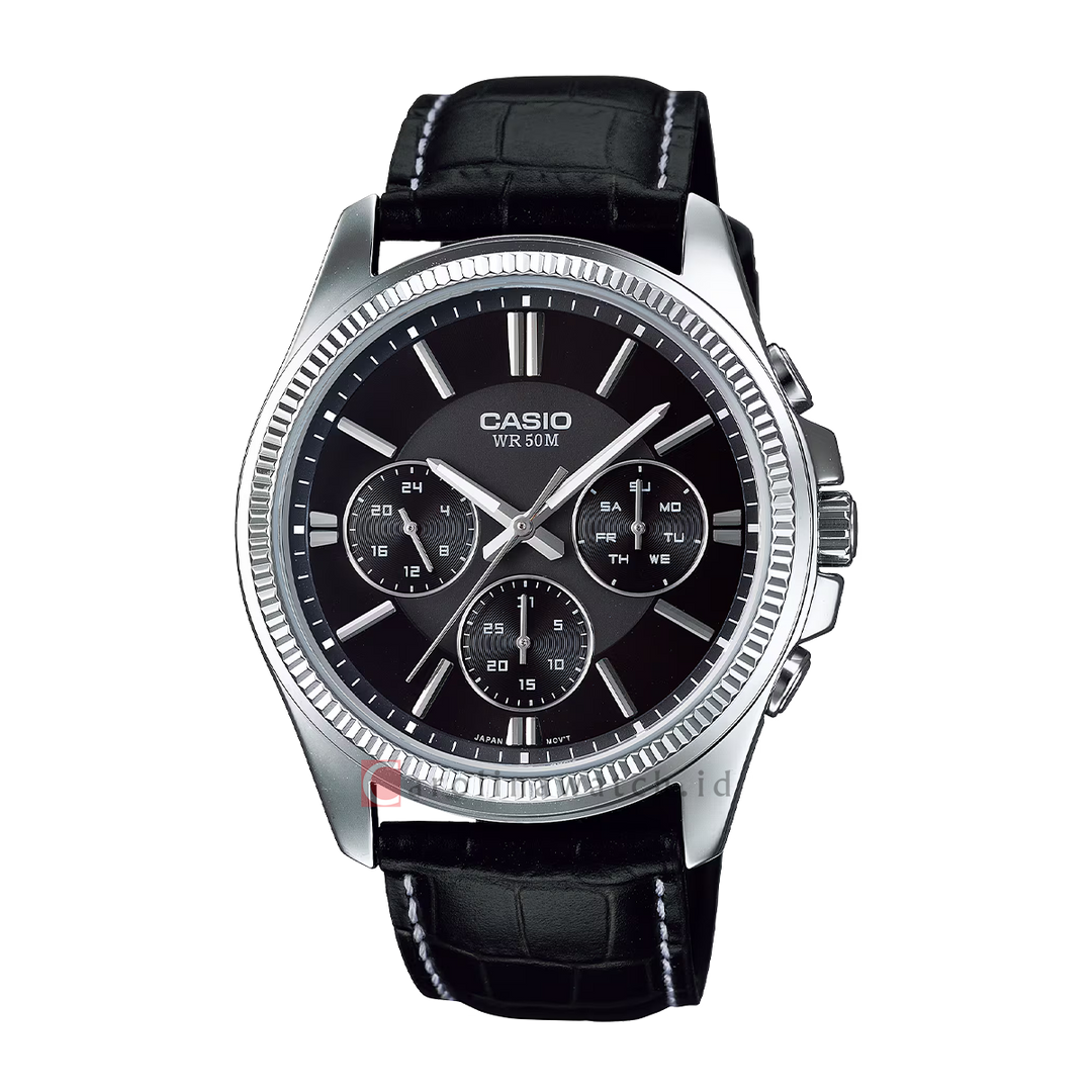 Jam Tangan Casio Chronograph MTP-1375L-1A Men Black Dial Black Leather Band