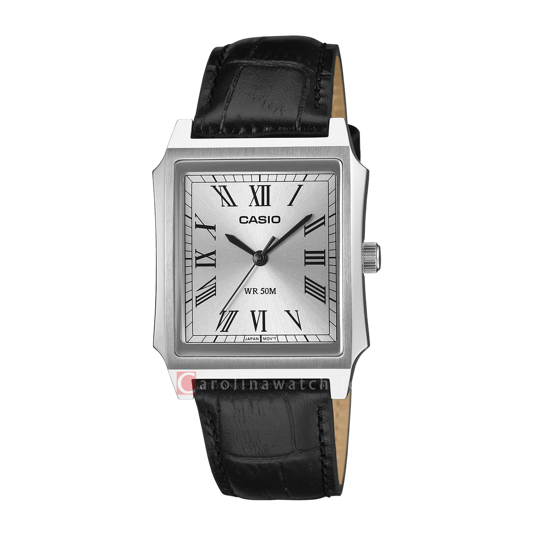 Jam Tangan Casio MTP-B190L-7B Men Silver Dial Black Leather Band