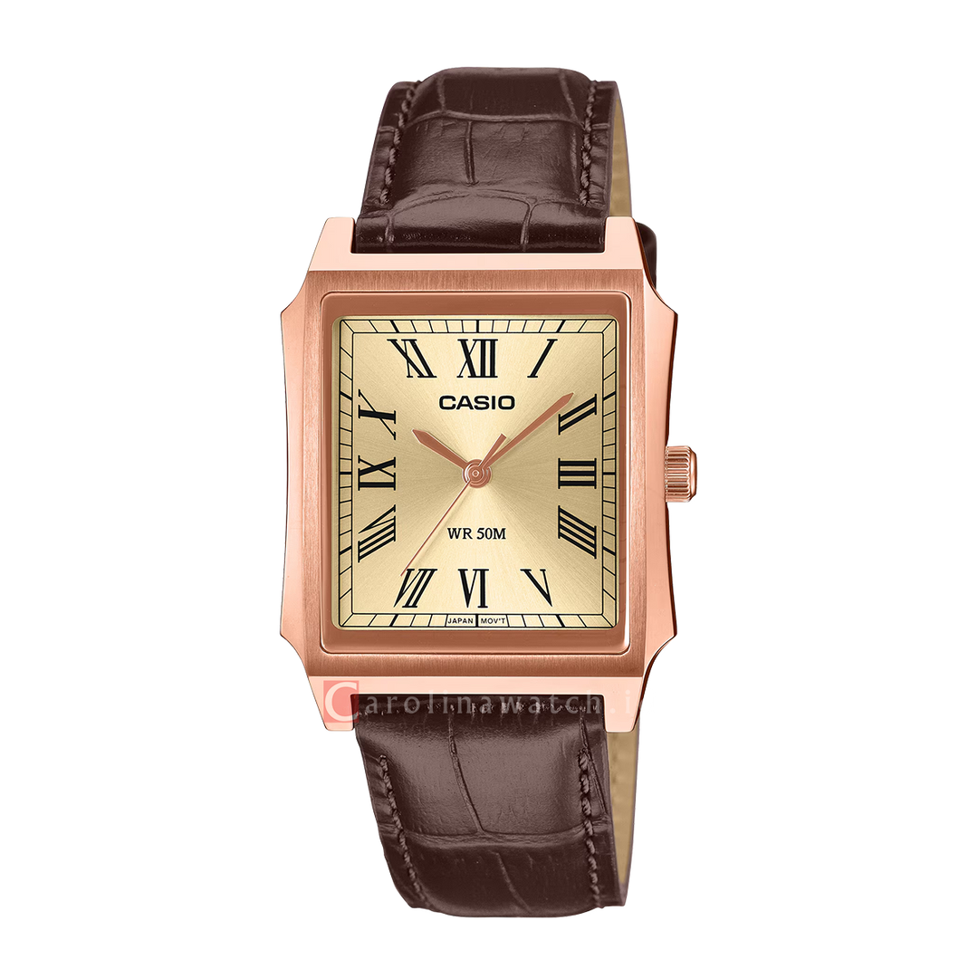 Jam Tangan Casio MTP-B190RGL-9B Men Gold Dial Brown Leather Band
