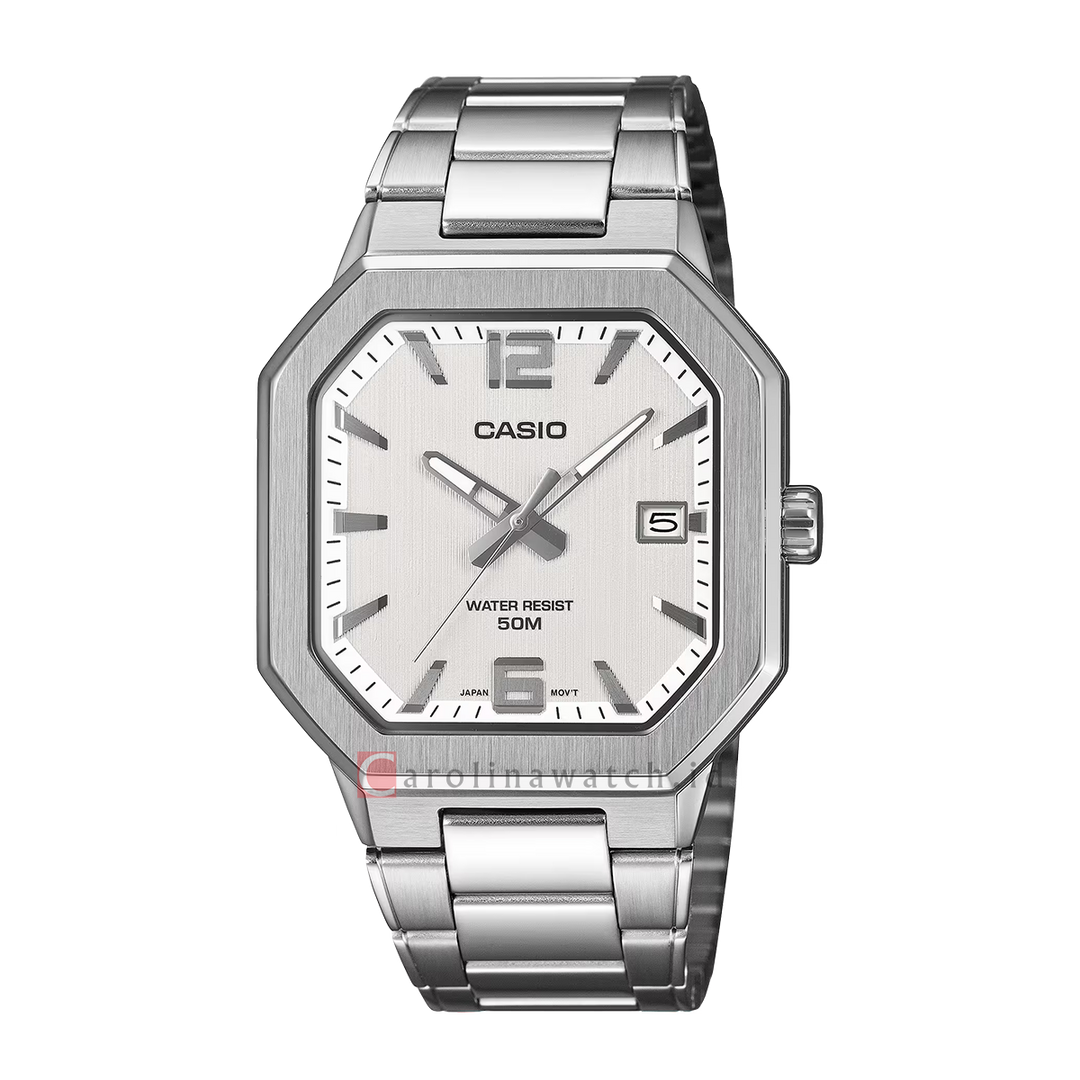 Jam Tangan Casio MTP-B195D-7A Men Silver White Dial Stainless Steel Band