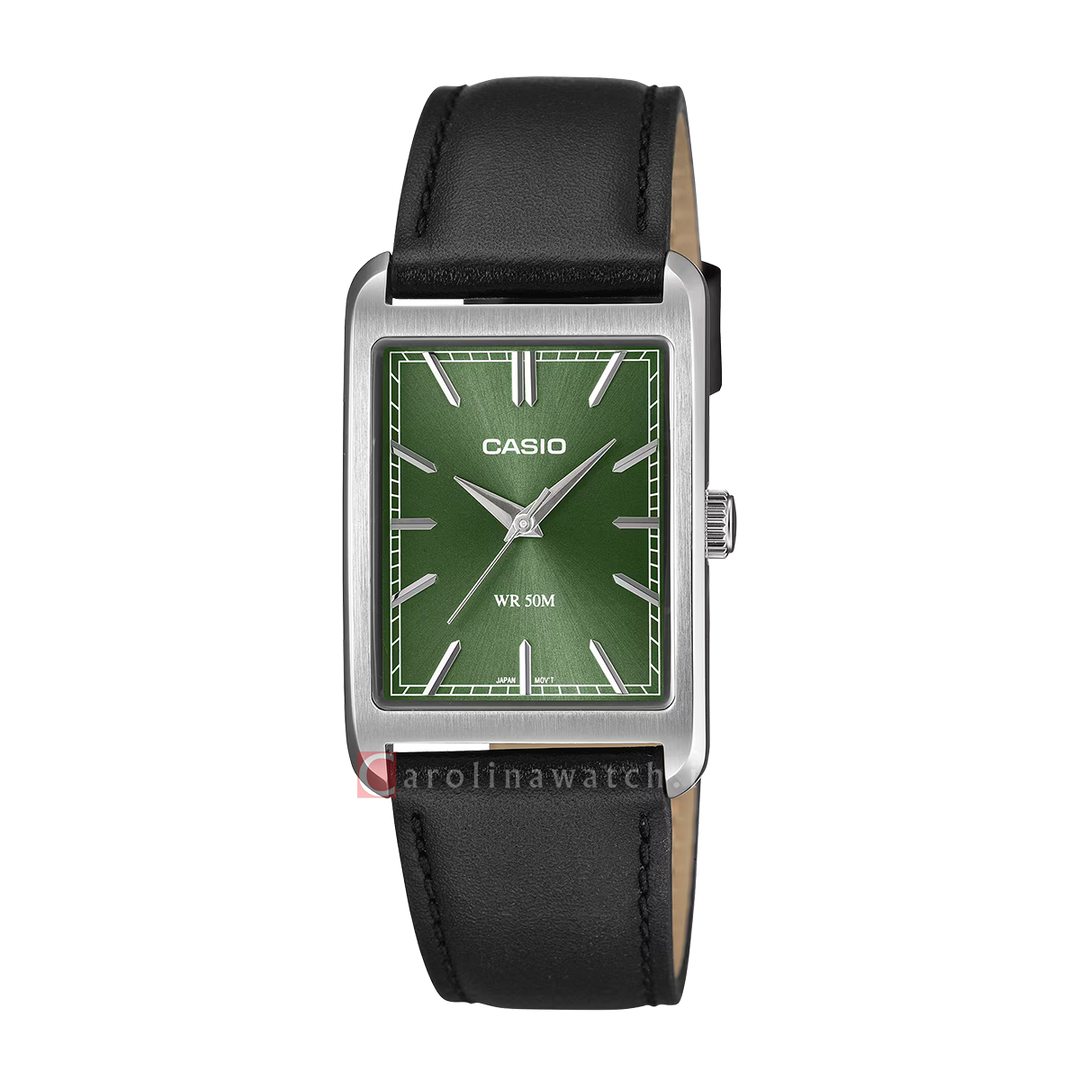 Jam Tangan Casio MTP-B215L-3A Men Green Dial Black Leather Strap
