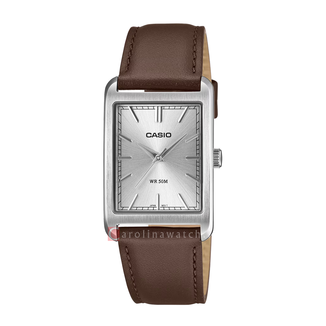 Jam Tangan Casio MTP-B215L-7A Men Silver Dial Brown Leather Strap