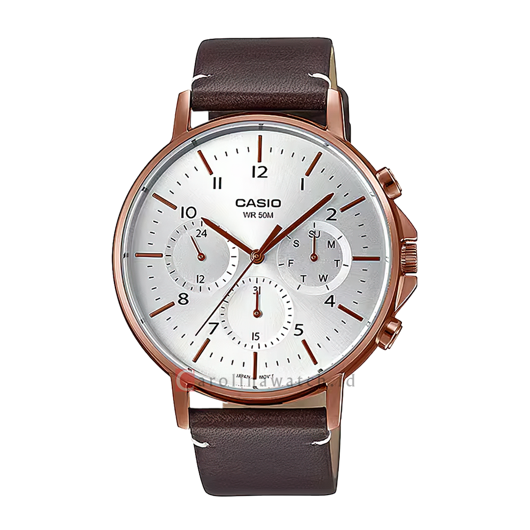 Jam Tangan Casio General MTP-E321RL-5A Enticer Men Silver Dial Brown Leather Band